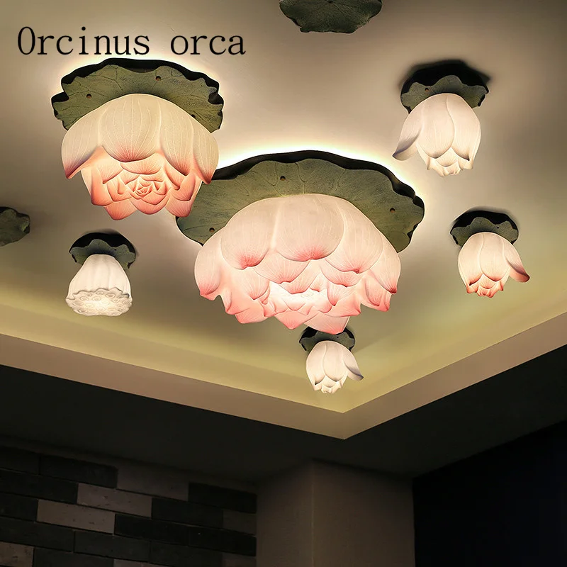 Originality new Chinese style lotus ceiling lamp living room bedroom dining room balcony artistic decoration lotus round lamp