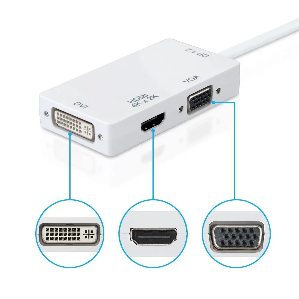 Адаптер Mini DP three in one поддерживает конвертер 4 K * 2 на vga + dvi hdmi.| |