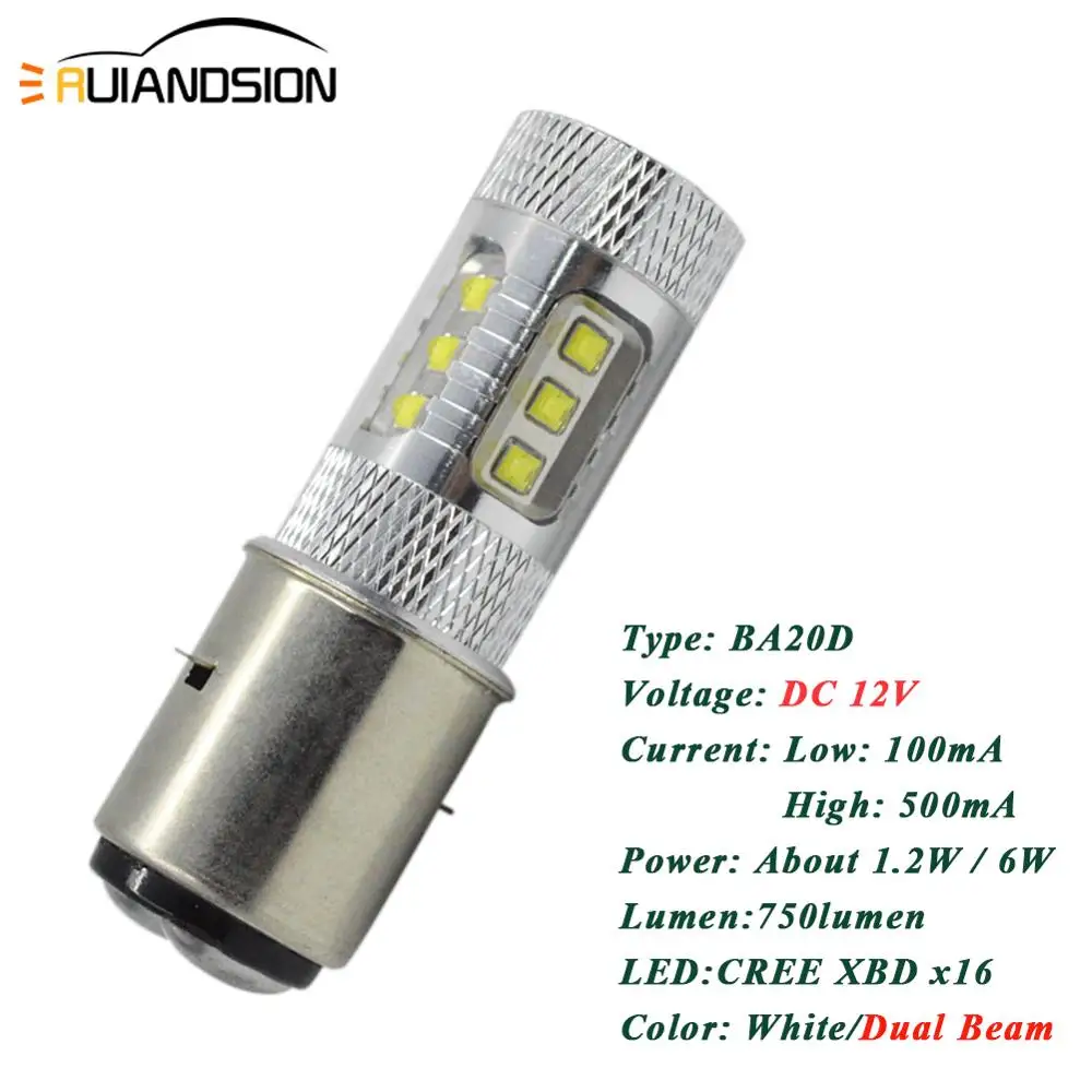 80 Вт BA20D светодиодная передняя фара мотоцикла XB-D Led 12-24 V 750LM Высокое/фара ближнего света скутер вездеход Мотоцикл аксессуары противотуманные огни ксенон белый