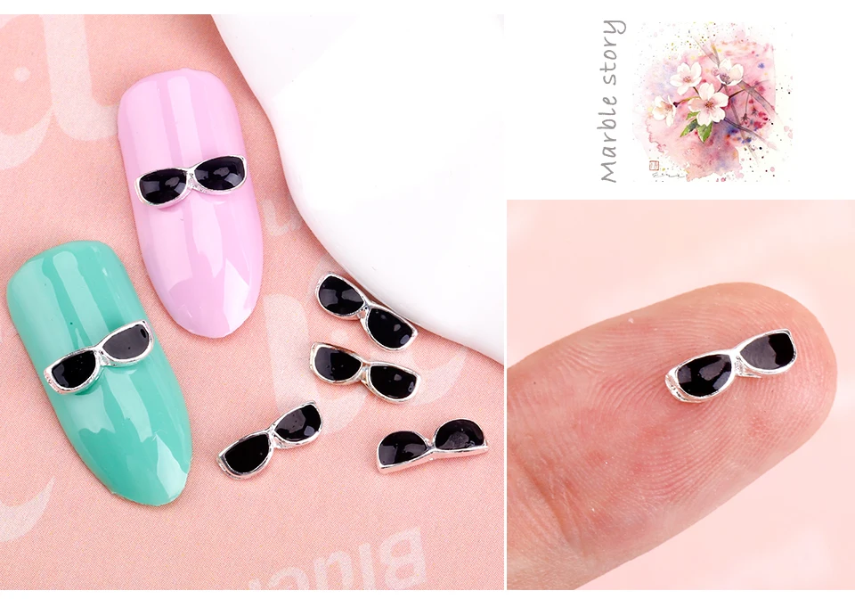 Blueness 10Pcs/Pack New Whole Black Sunglasses Rhinestone 3D Nail Art Decorations DIY Alloy Nails Tools Top Nail TN1031