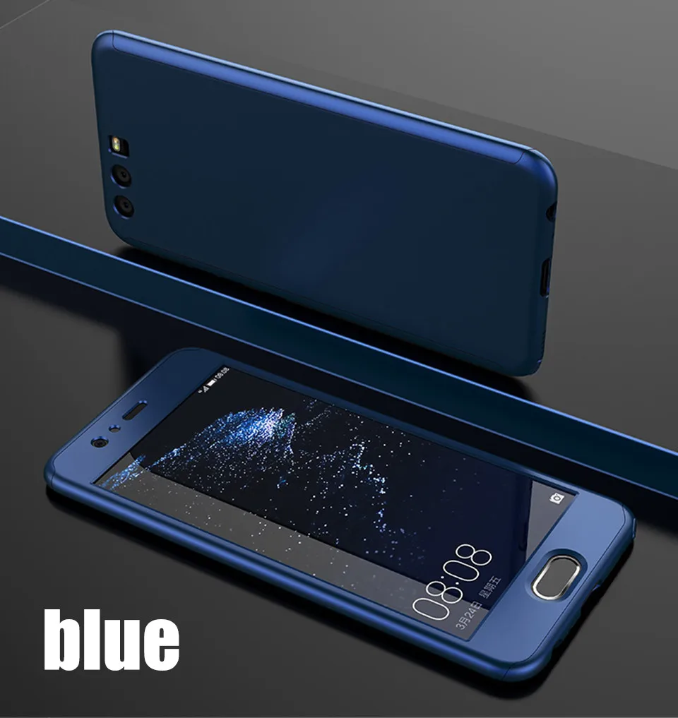 Blue 360 градусов защитный чехол для huawei P8 P9 Lite P10 P10 Lite чехол жесткая полная крышка для mate 10 Lite Pro со стеклянной пленкой - Цвет: Blue