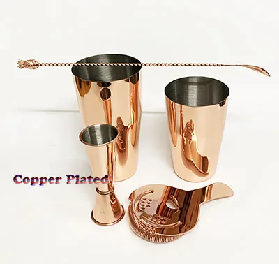 Copper Plated Бостонский шейкер бар набор: 18 унций и 28 унций Бостонский шейкер оловянный, ситечко для коктейлей, двойной мерный стаканчик, ложка для смешивания ананаса - Цвет: Copper Plated