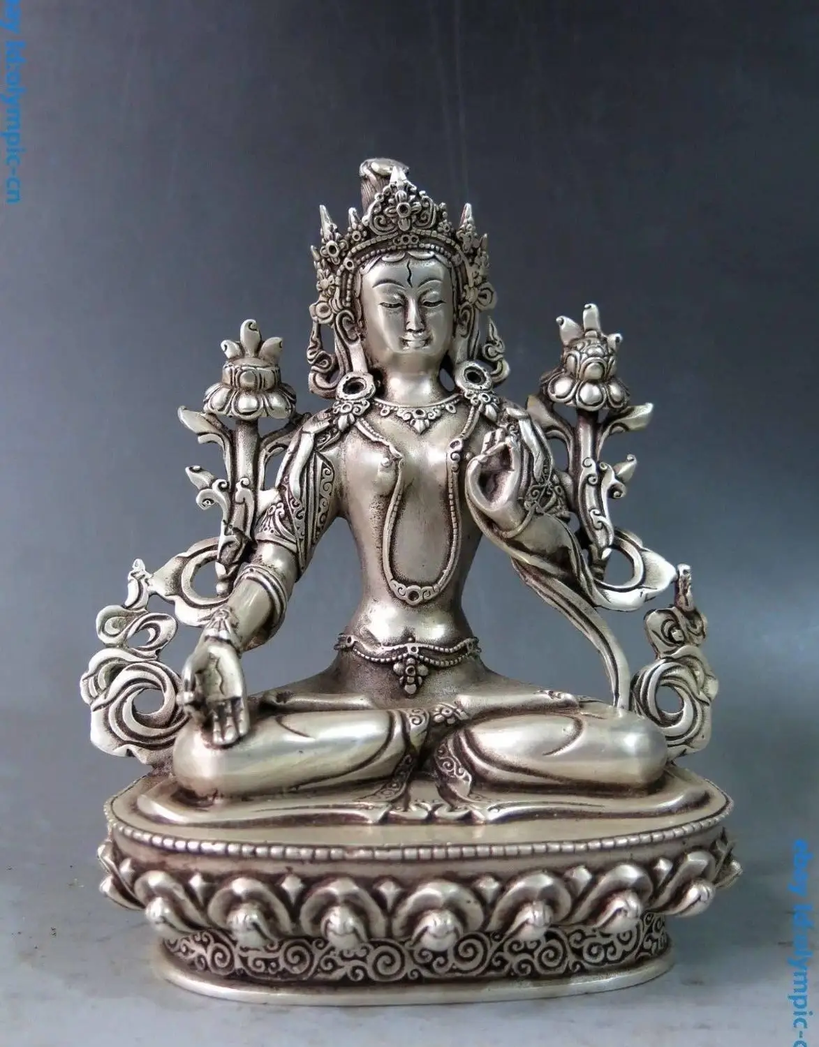 

8" China silver carved Buddhism Kwan-yin White Tara buddha Sculpture Statue