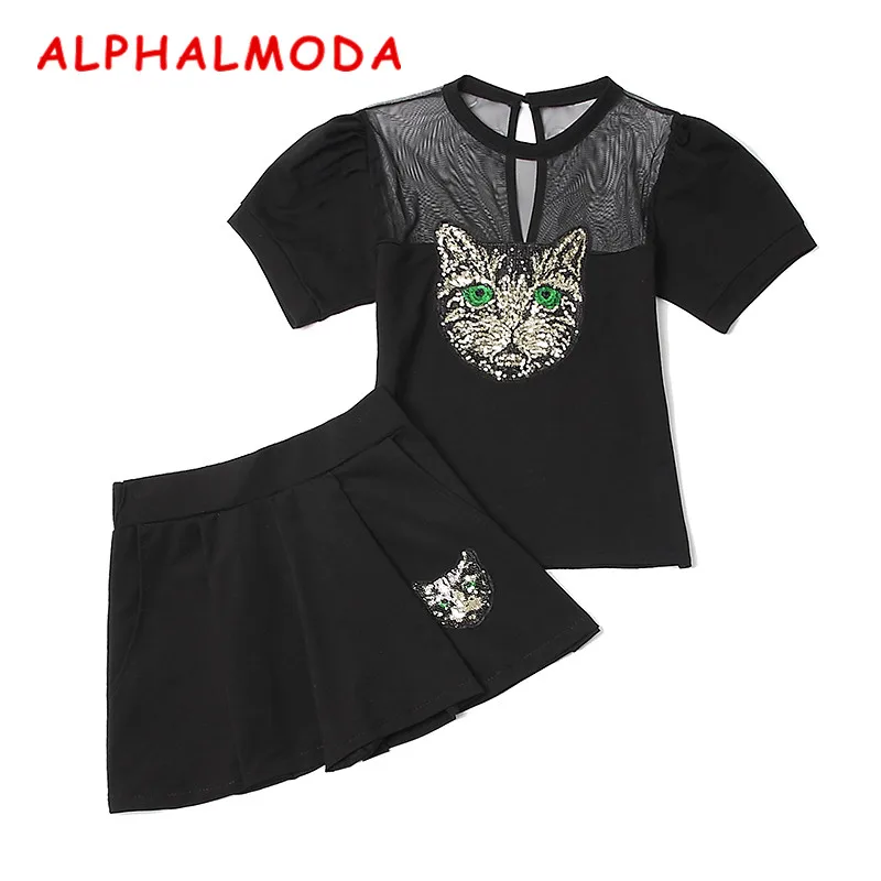 ALPHALMODA/женские популярные футболки с коротким рукавом и аппликацией в виде кота