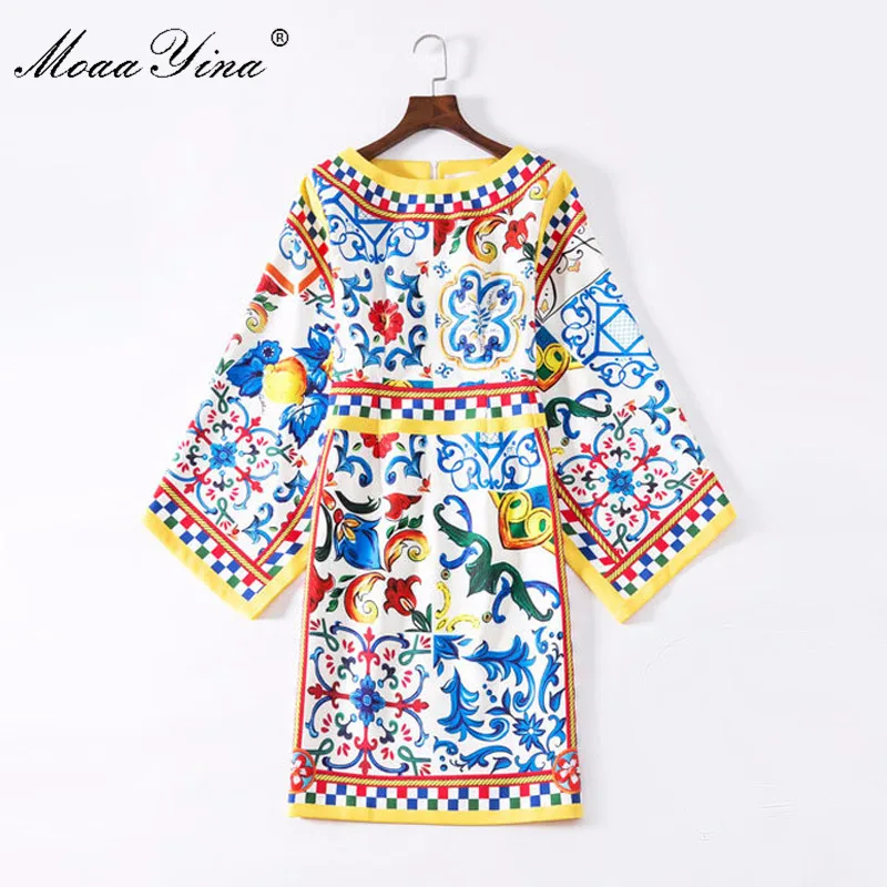 MoaaYina High Quality 2018 Fashion Summer Women Dress Round Collar Batwing Sleeve Package hip Plaid Floral Print Vintage | Женская