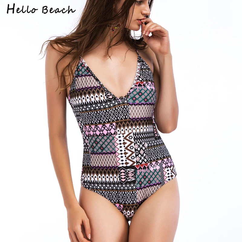 HELLO BEACH 2018 купальник женский купальный костюм с принтом пуш ап монокини летний