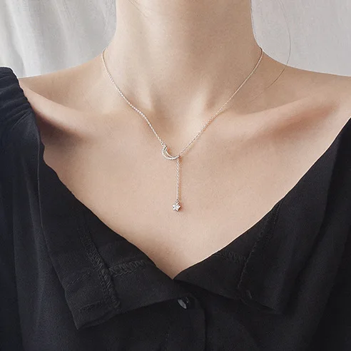Луна звезды cz ожерелье женщины 100% 925 пробы серебро nacklace Ювелирное Украшение цепи