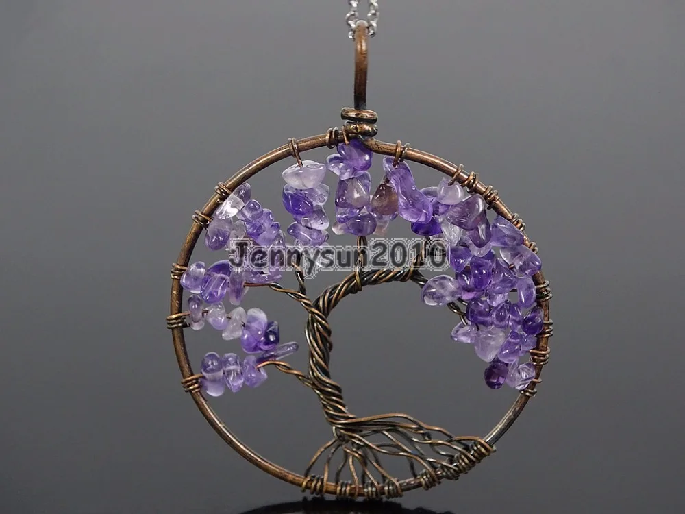

Natural Ame-thyst Gems Stone Reiki Chakra Chip Beads Tree of Life Healing Copper Pendant Necklace Jewelry Making 5Sets/Pack