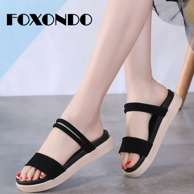 FOXONDO/2019 летние женские сандалии на плоской подошве черные низком