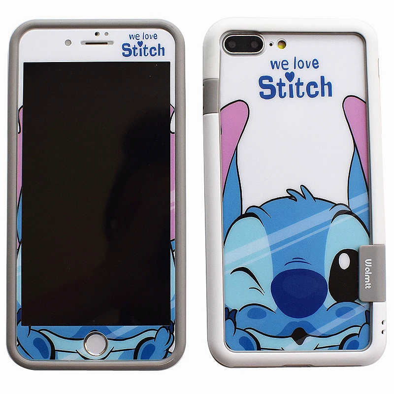 For iphone 8 8plus Cute stitch glass flim + soft bumper for iPhone X 7 7plus 6 6S 6sPlus Cartoon F&ampB |