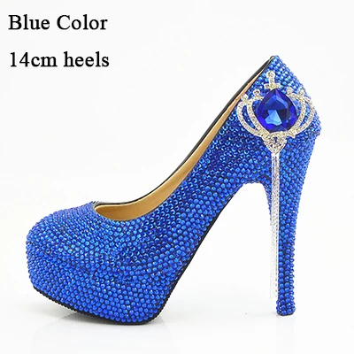 Blue 14cm Heels Свадебные туфли; Прямая поставка; королевский синий горный хрусталь; свадебные модельные туфли для невесты; туфли-лодочки на высоком каблуке-шпильке с украшением в виде короны - Цвет: Blue 14cm Heels