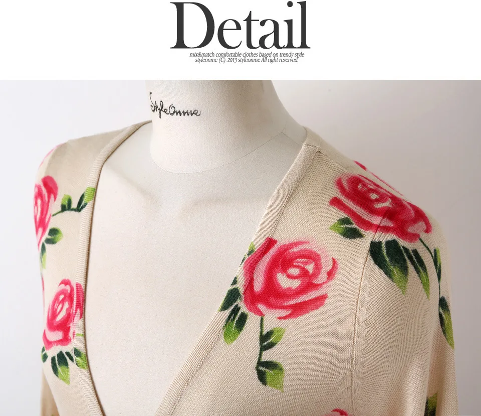 2015 Новое Лето Мода Стиль Женщины Роуз Цветочные Печати Три Четверти Рукав