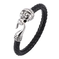 new fashion men jewelry punk black brown braided leather stainless steel bracelet male abstract animal bracelet wristband sp0387