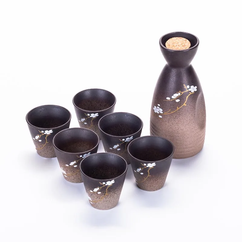 1pot and 6cup Креативная ручная роспись вишни японский стиль грубая керамика винный набор винтажная керамика фляжки Саке чашка портативная фляга - Цвет: 1pot and 6cup