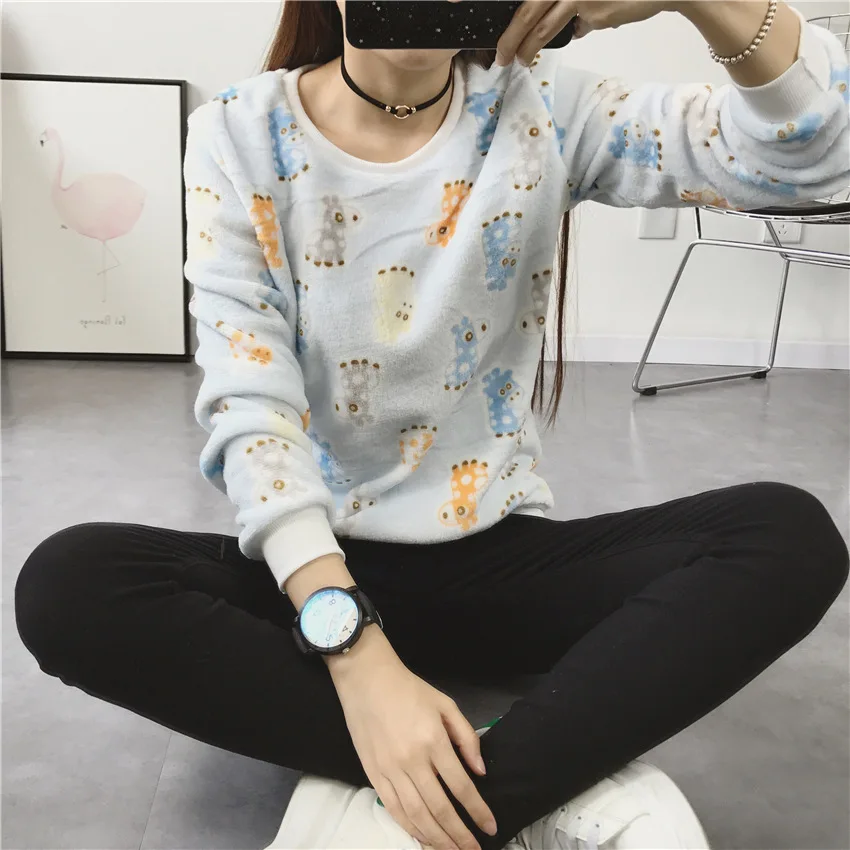 Cute Cat Print Harajuku Style Women Fleece Warm Pullovers Sweatshirts Winter Hoodies Long Sleeve Tops | Женская одежда