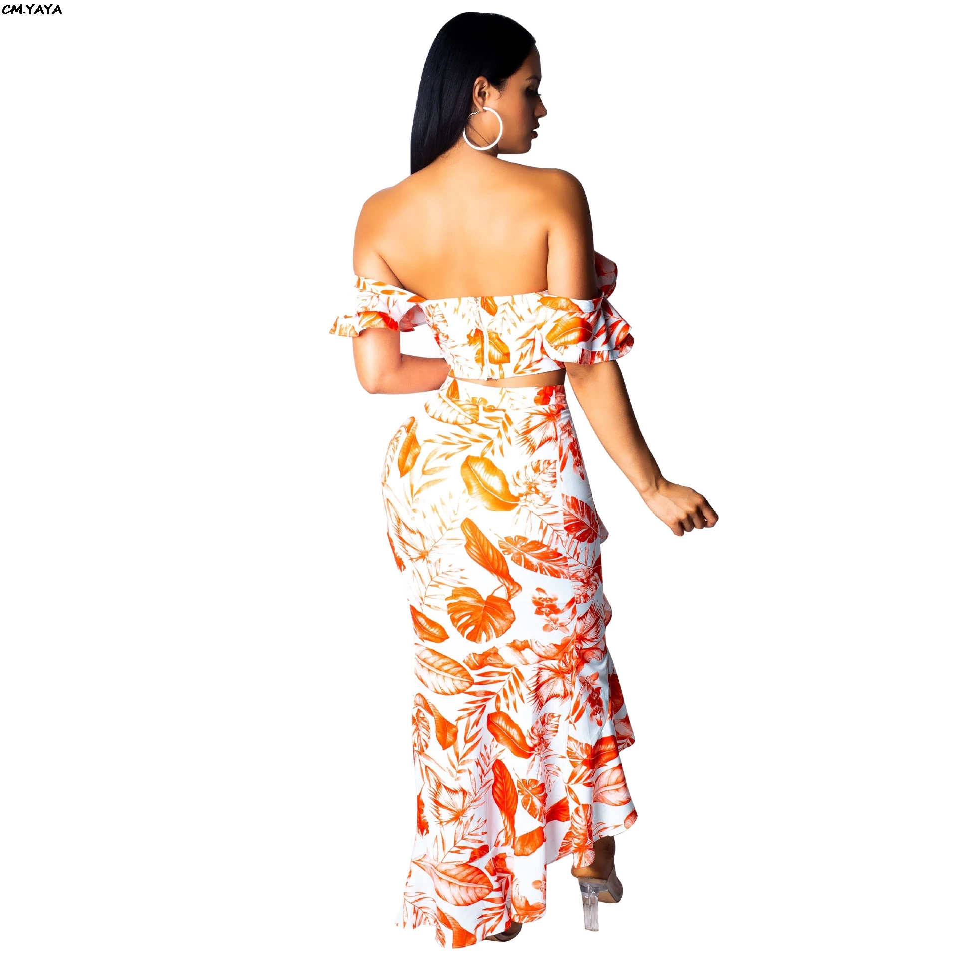 Женский укороченный топ с открытыми плечами и принтом листьев комплект из двух