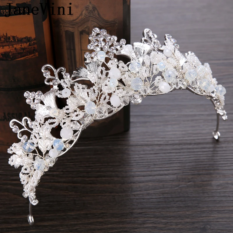 

JaneVini Romantic White Bridal Tiaras and Crowns Headbands Beaded Princess Pageant Ornaments Wedding Jewelry Hair Accessories