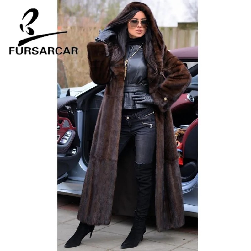 FURSARCAR 2021 New Luxury Real Mink Fur Coats 120 CM Long Jacket With Big Fur Hood For Women Whole Skin Female Mink Fur Coat