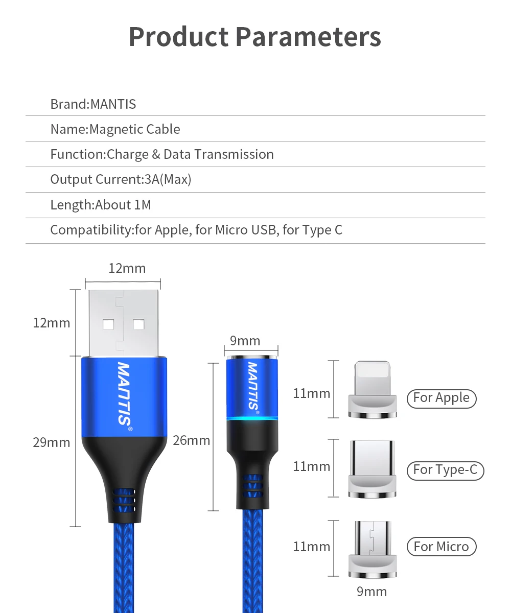 MANTIS 3A Магнитный зарядный Micro Usb кабель для samsung S7 провод для быстрой зарядки Магнитный кабель huawei Xiaomi Redmi 4X Note 4 5