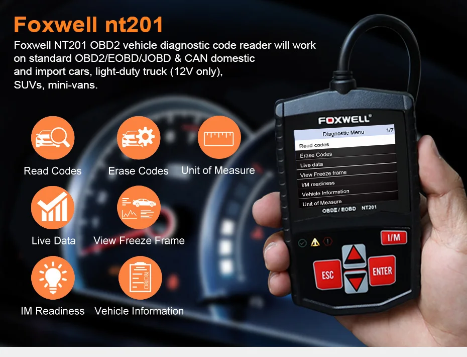 Foxwell NT201 OBD2 автомобильный сканер в русском языке считыватель кодов двигателя выключение MIL OBD 2 Автомобильный диагностический инструмент PK CR3001 ELM327