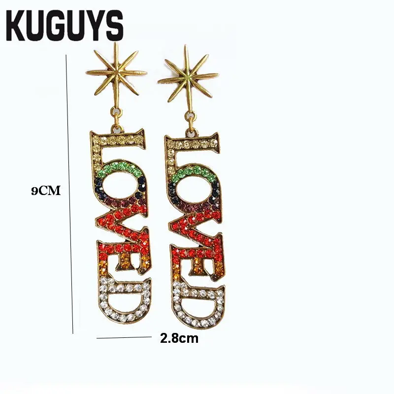 KUGUYS Ribbon Jewelry Womens HipHop Letter Long Dangle Earrings for Women Pendientes Crystals Star Drop Earring Brincos | Украшения и