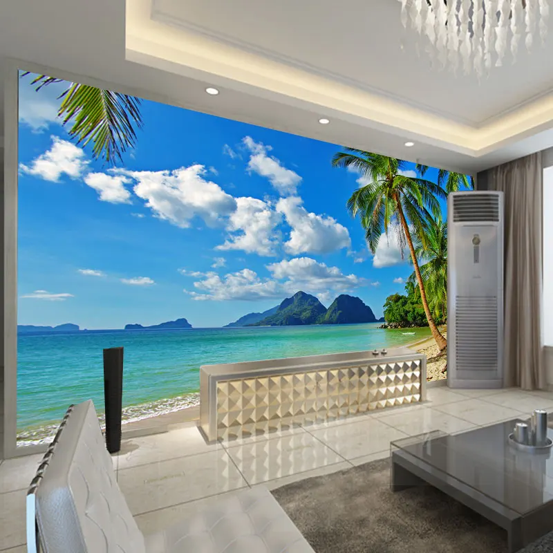Фотообои для гостиной дивана пляжа дерева гостиной|wall paper|mural wall paper3d mural |