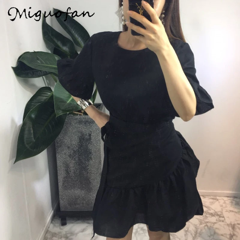 Miguofan платье для женщин повседневное короткое однотонное мини с оборками летнее