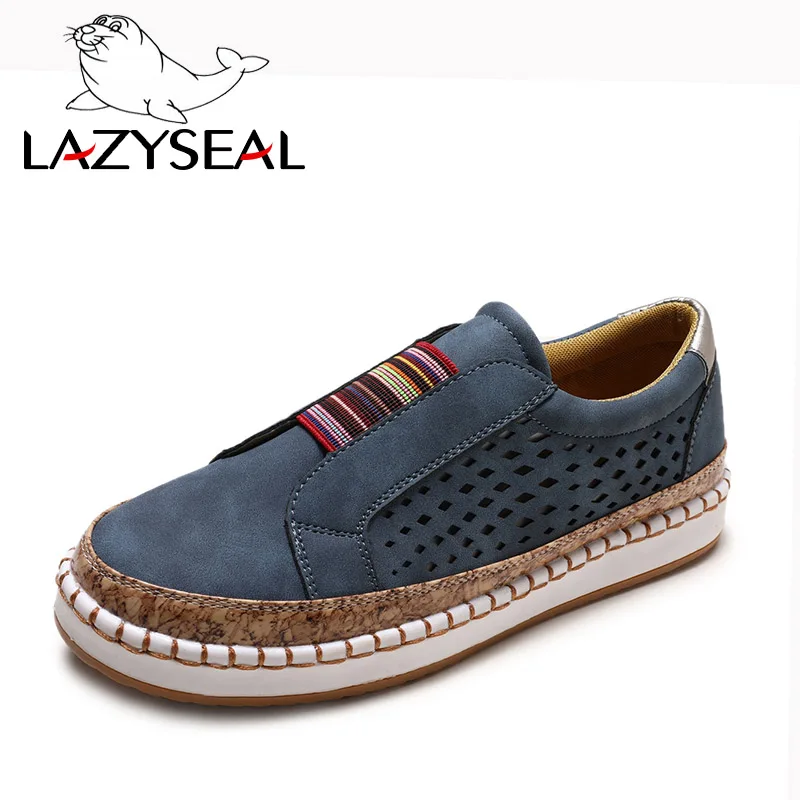 LazySeal, новая летняя женская обувь на плоской подошве с перфорацией женская повседневная обувь для девушек, дышащая обувь без шнуровки, большой размер 43 - Цвет: Blue-1