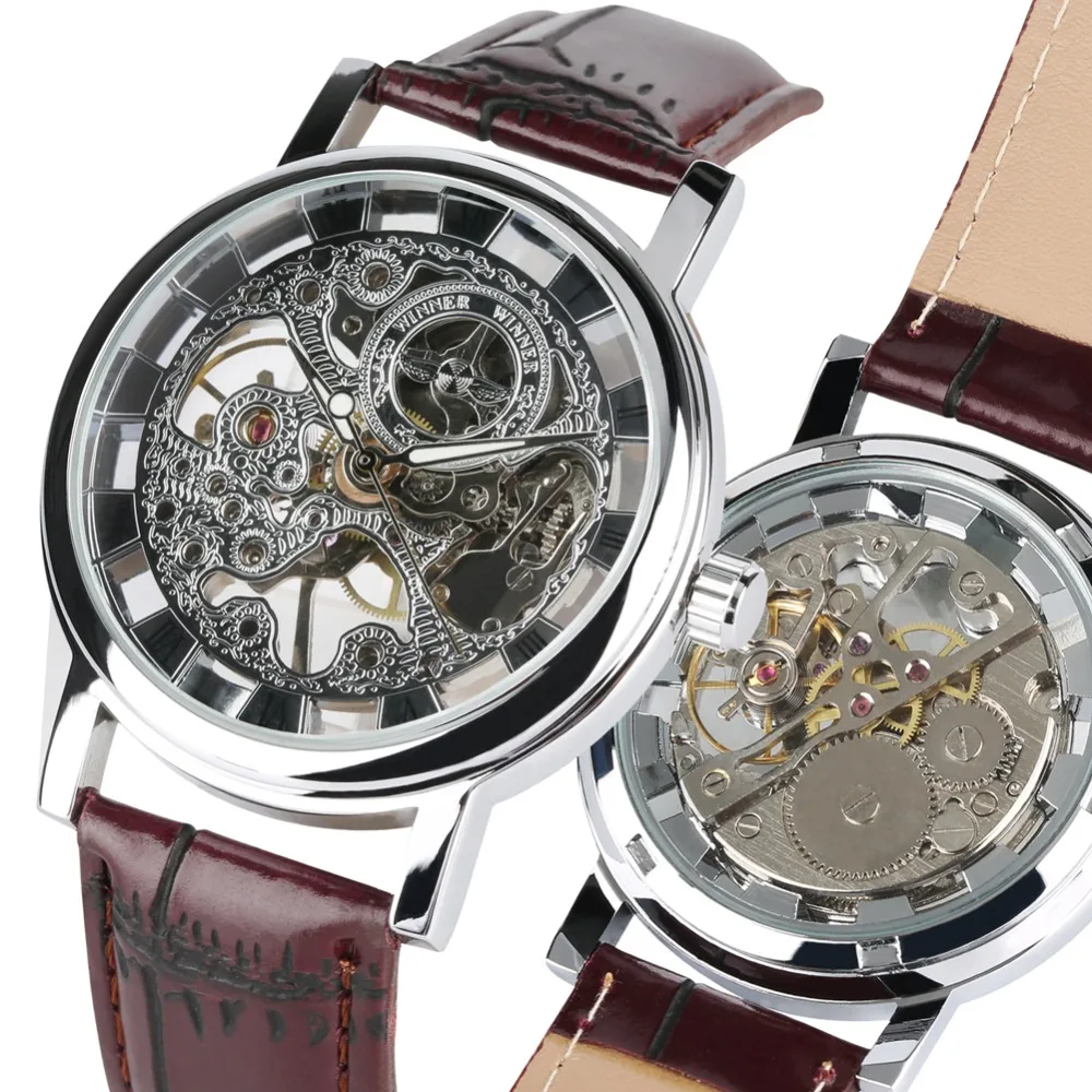 

Bussiness Mens Skeleton Mechanical Watches Luxury Leather Band Mechanical Watch for Teenagers Hand-Wind Watch Mechanical for Boy
