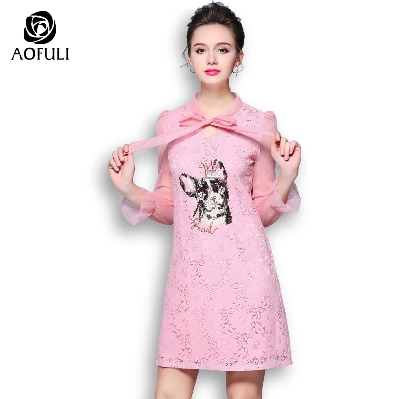 AOFULI M XXXL 4XL 5XL модные женские туфли кружевном платье плюс Размеры бренд лук собака