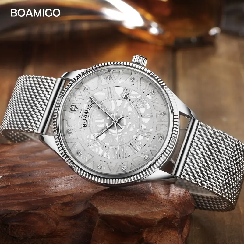 Мужские часы BOAMIGO Брендовые мужские кварцевые модные серебристые наручные с
