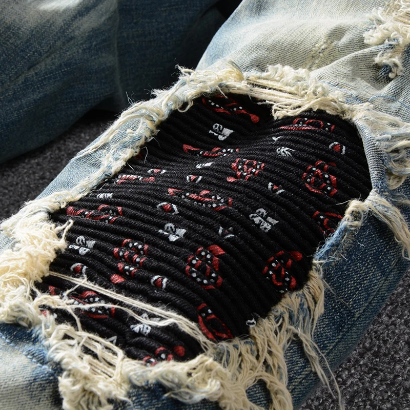 Special price! Men's bandanna paisley printed biker jeans for motorcycle Vintage blue ripped stretch denim pants | Мужская одежда