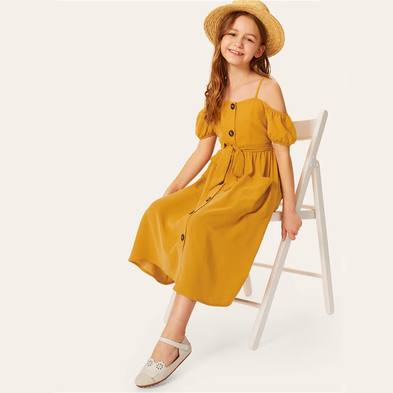 SHEIN/детское однотонное платье для девочек с открытыми плечами и одной пуговицей спереди, с поясом, платье в стиле бохо,, летние платья миди с короткими рукавами для отдыха