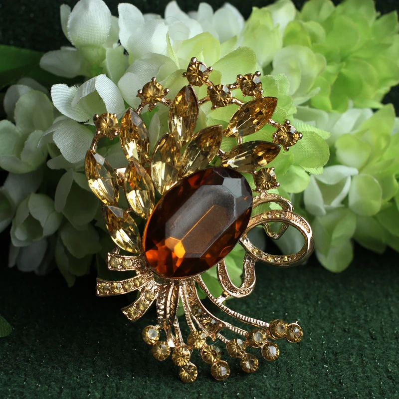 Цветок золотой цвет Броши из горного хрусталя для женщин булавки отворот булавка
