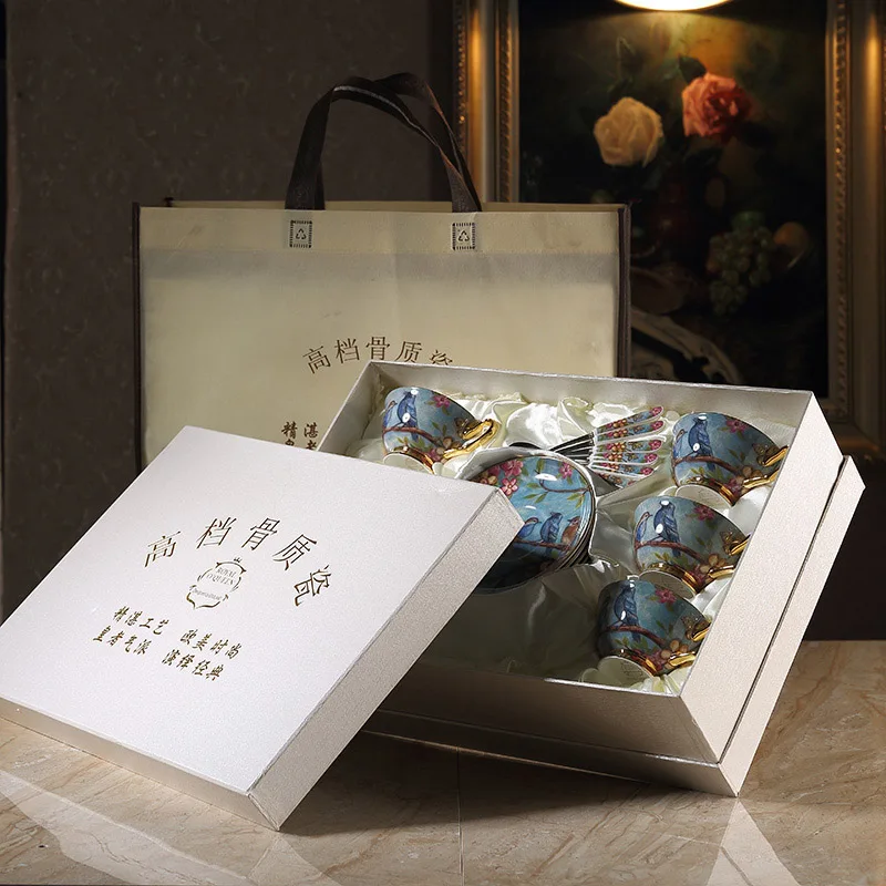 6sets and gift box Винтажный набор кофейных чашек высшего класса, блюдце, ложка, Пномпень, костяной фарфор, британский фарфор, набор чайных чашек, вечерние чайные чашки - Цвет: 6sets and gift box