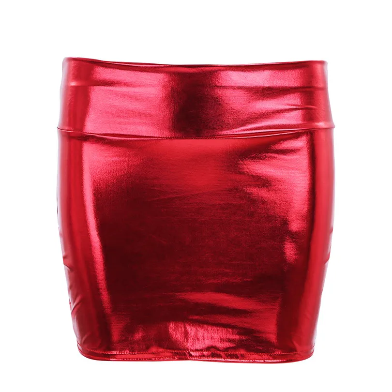 Сексуальная Женская Блестящая юбка из искусственного латекса с металлическим