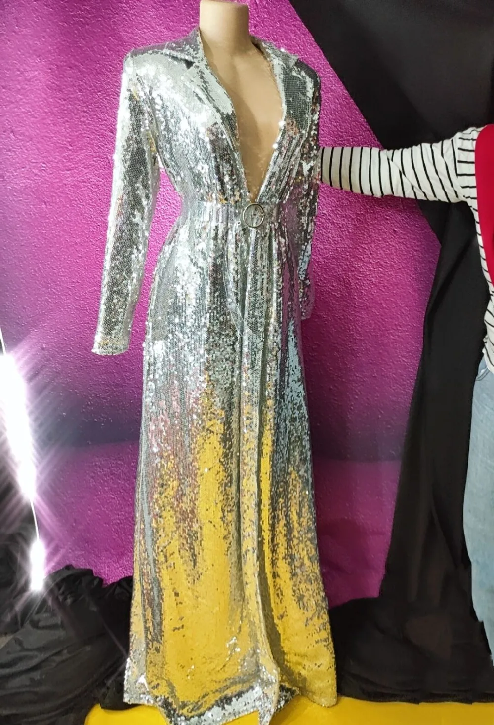 Блестящее женское длинное пальто с блестками женская певица DJ сценическое шоу