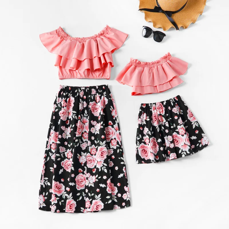 

ruffled floral 2pcs mother daughter dresses family look beach mommy and me matching clothes mom mum and baby dress set outfits