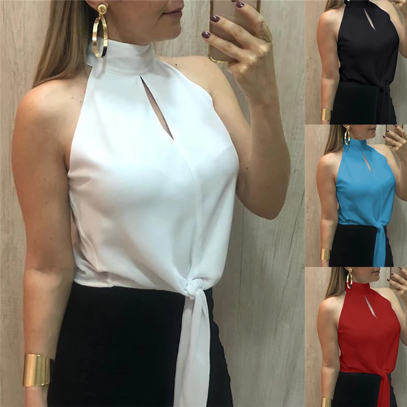 Повседневная женская шифоновая блузка с бантом рубашка без рукавов со стоячим