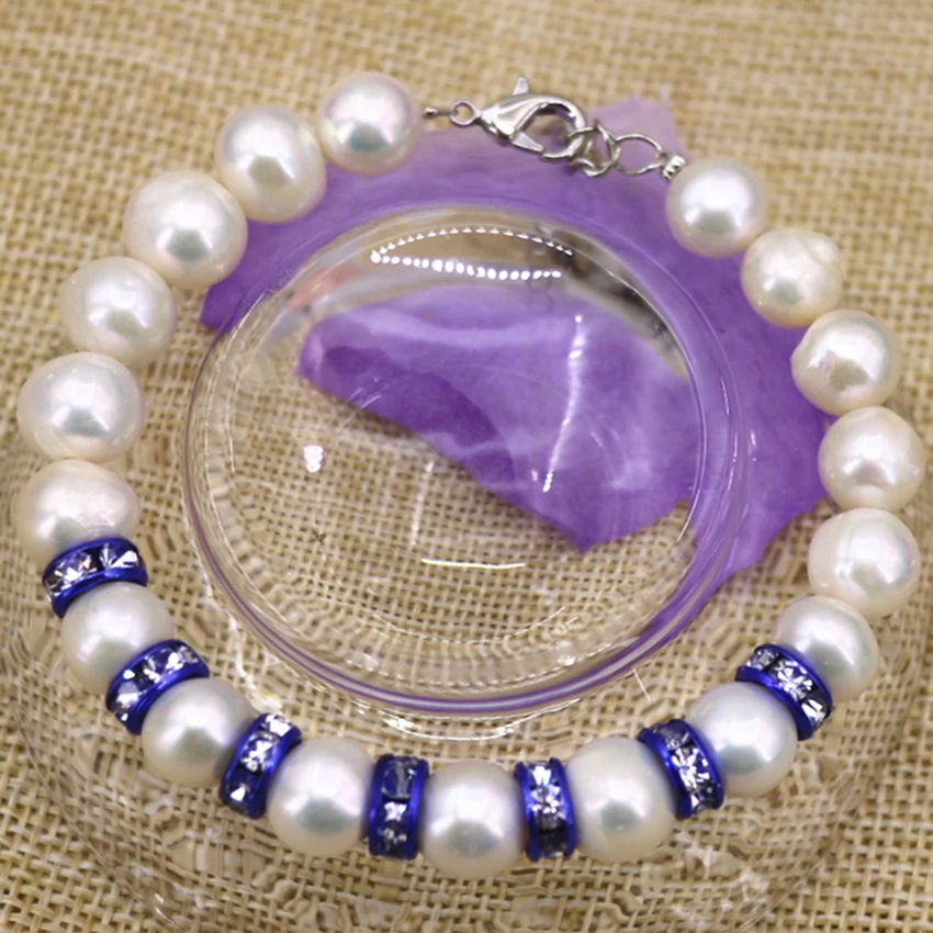 Новая мода натуральные 9-10 мм белый жемчуг Nearround Бусины Strand браслеты из нержавеющей стали для женщин невесты Свадебная вечеринка, подарок, ювелирное изделие 7,5 дюймов B3092