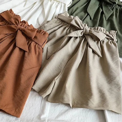apricot TIGENA Summer Cool High Waist Shorts Women Korean Bow Belt Elastic Waist Loose Shorts Female Pink Short Pants Ladies - Цвет: apricot