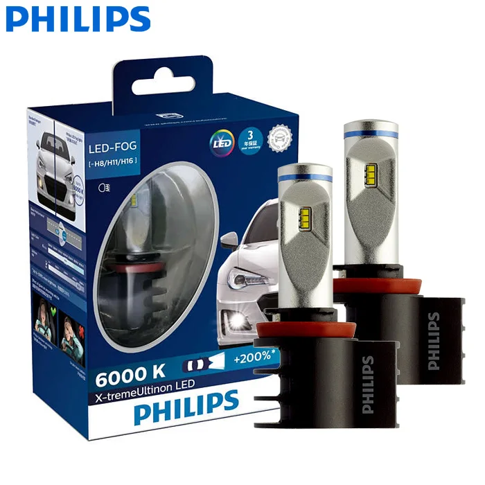 Philips X-treme Ultinon светодиодный H8 H11 H16 12V 12834UNIX2 6000K Автомобильный светодиодный противотуманный фонарь Автомобильная фара+ 200% более яркий(двойная упаковка