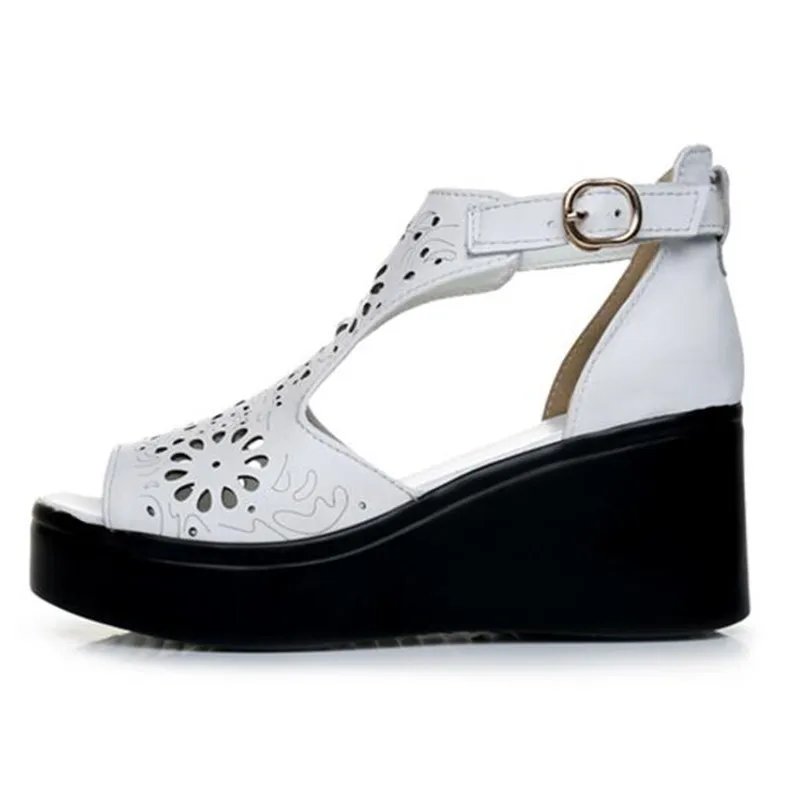 ZXRYXGS Brand Sandals Hollow Cow Leather Sandals Women Shoes Sandals Wedges high heels Summer Shoes Woman Fashion Sandals