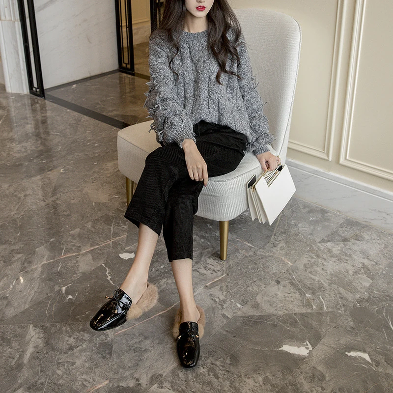 New genuine leather shoes rabbit hair shoes butterfly knot Muller half slippers for women in autumn and winter of