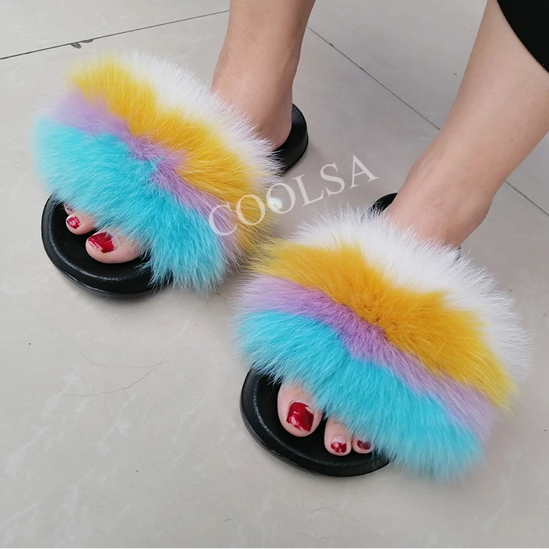 COOLSA Hot Women's Striped Plush Fur Slippers Super Fluffy Furry Fox Fur Slides Travel Quick Drying Beach Flip Flops Plus Size