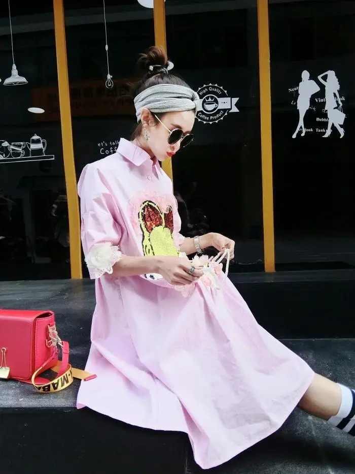 spring and summer new tide brand Garfield sequin chain handmade flowers loose short-sleeved shirt large size dress