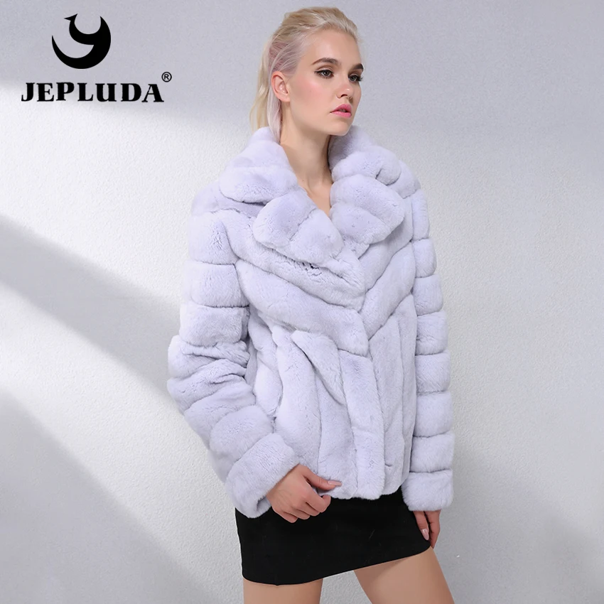 JEPLUDA Модные Теплый Короткий Шуба Натуральный Мех Кролика Rex Пальто Зимнее Женское Английский Воротник Меховая Женская Зимняя Куртка Кролика Натуральный Светлый Цвет Утеплительный