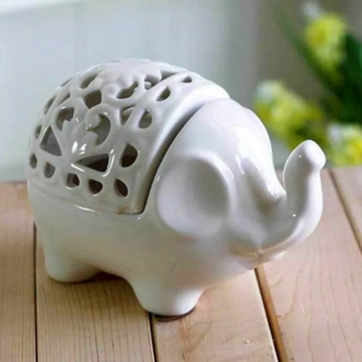 Free Shippi Home Decor Ceramic Aroma Burner Crafts Ashtray Elephant Shape Decorative Pierced Work White Incense Base Living Room