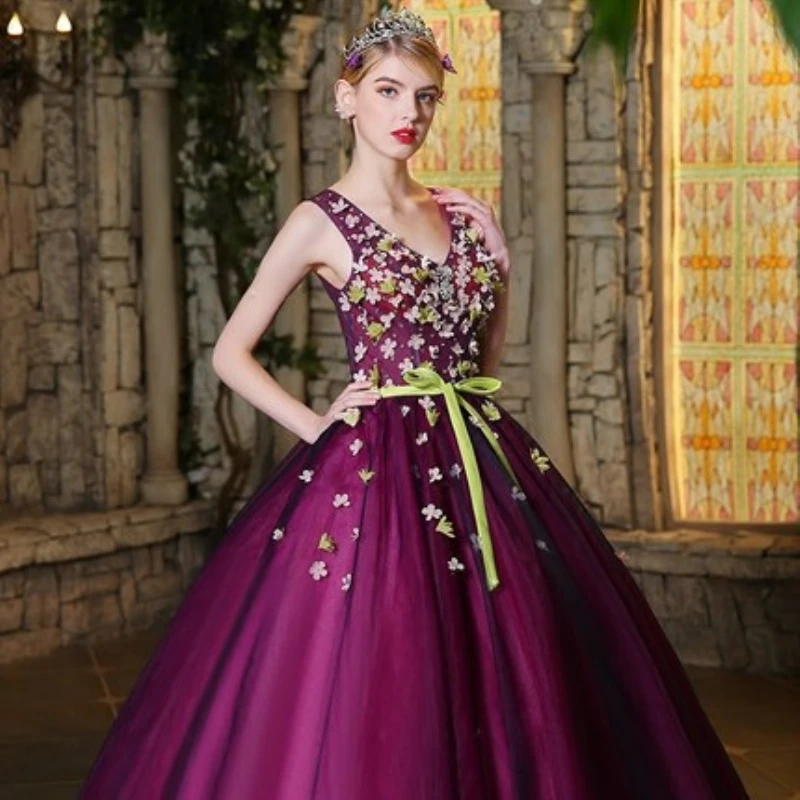 Длинные бальные платья 2019 фиолетовые пышные с аппликацией Vestidos De 15 Sixteen милые для