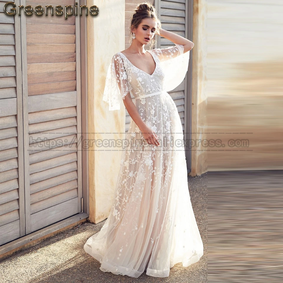Принцесса свадебное платье пляж Robe De Mariage винтажное кружевное элегантное женское длинное свадебное платье в стиле бохо с коротким рукавом Свадебные платья